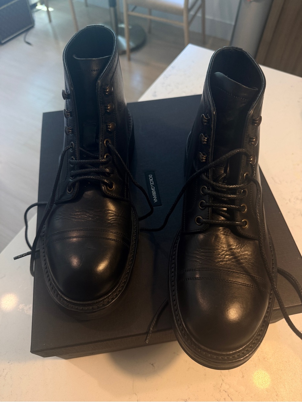 Dolce & Gabbana Black Leather Cap-Toe Lace-Up Boots